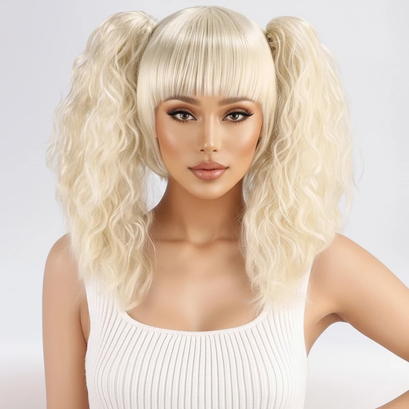 كاميلا أوف وايت مزدوج ذيل حصان مشبك فم النمر مع الانفجارات، شعر مستعار نسائي للفتيات شعر مستعار من الألياف الاصطناعية