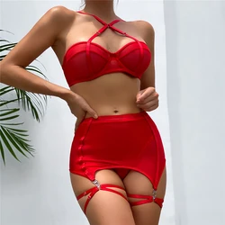 Plus Size Sensual Lingere Exotic Bandage Bra Garter Briefs Sets Transparent Intimate Hard Woman Luxury Fancy Underwear Bra Set