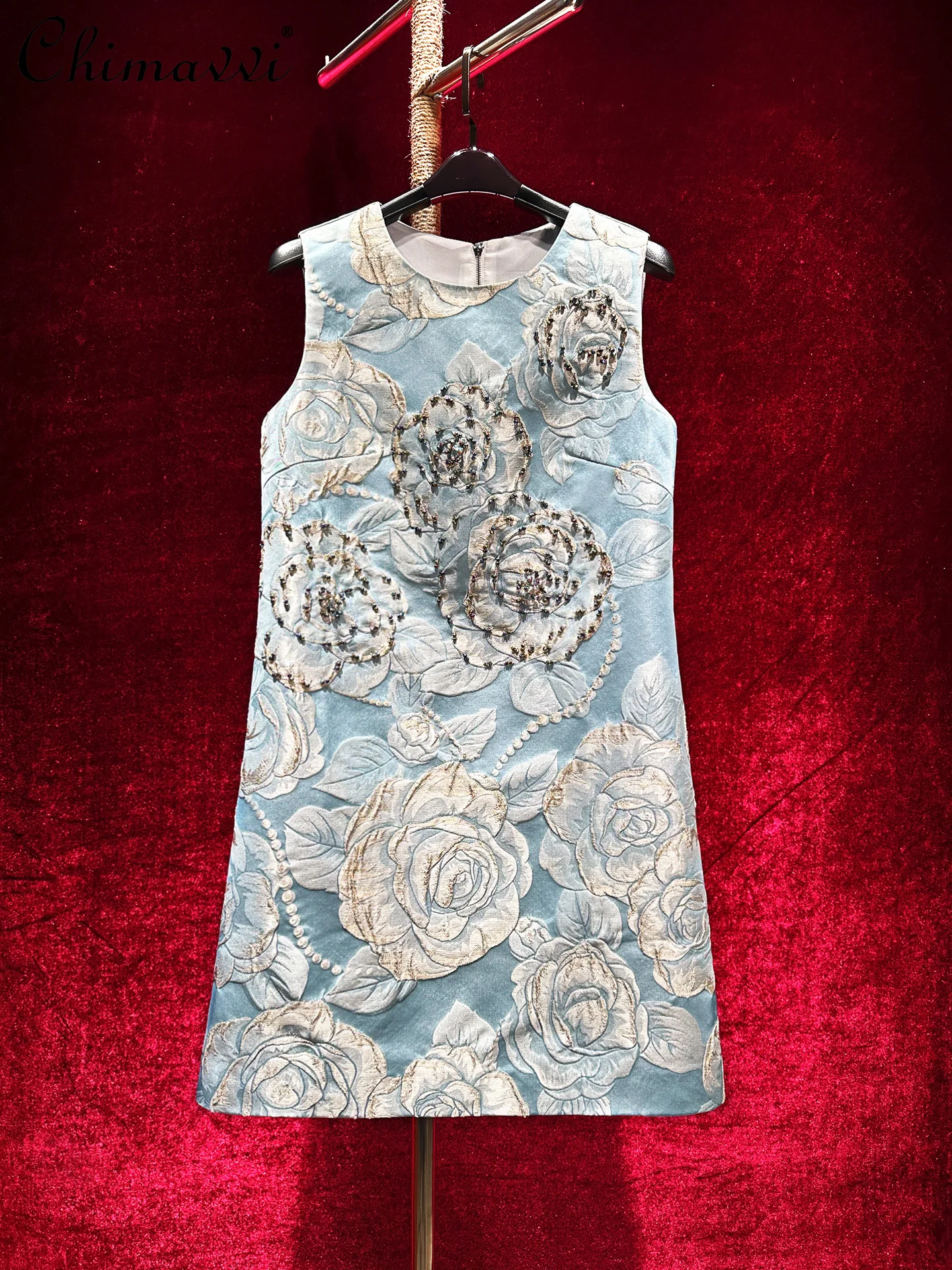 

French Heavy Beaded Jacquard A-Line Dress High Fashion Round Neck Slim Fit Elegant Short Women's Dress 2025 Autumn Clothes New