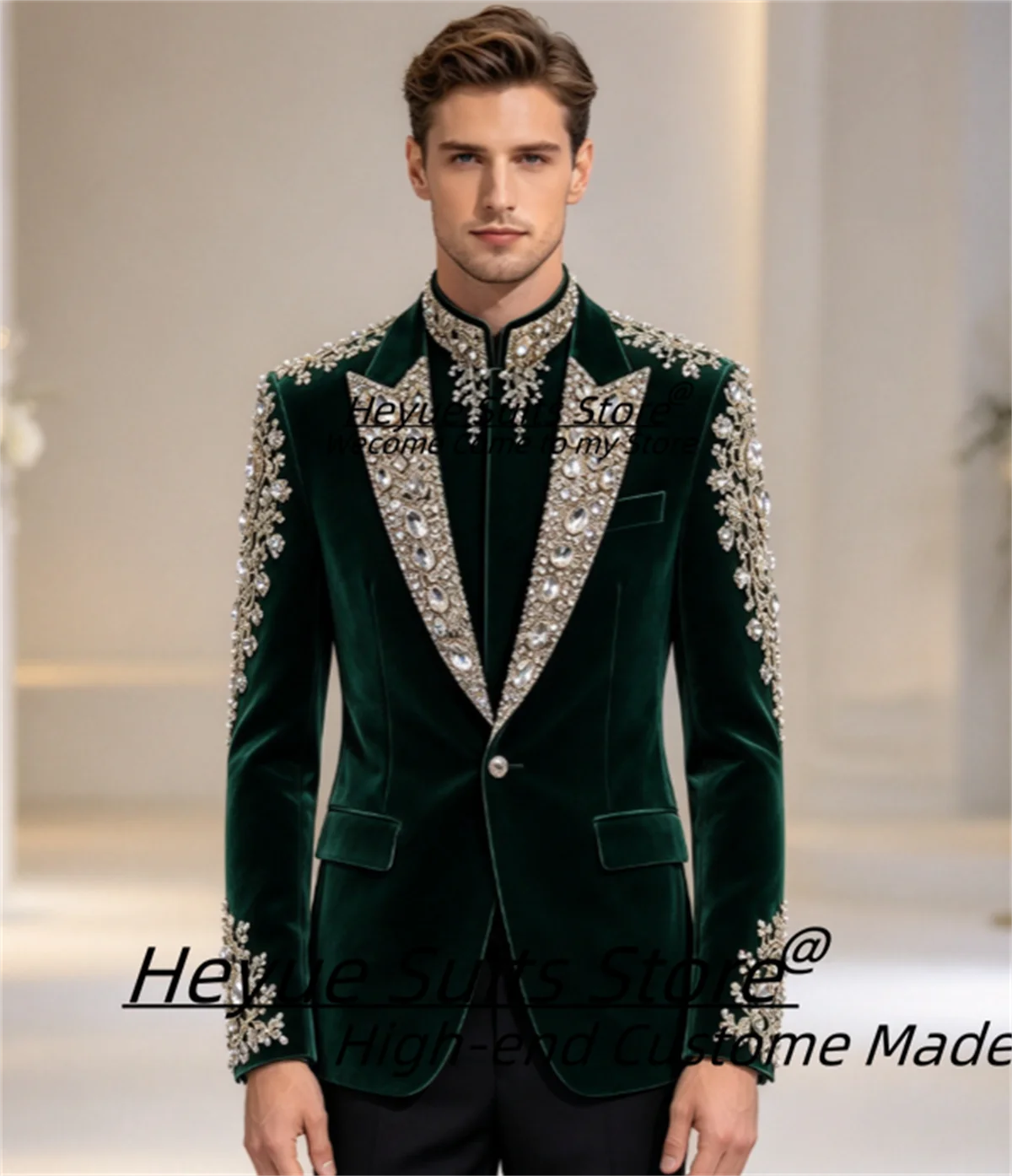 Elegant Dark Green Velvet Groom Wedding Tuxedo Customized Stand Collar Silver Rhinestone Beaded Embroidery Men Suits 2 PCS Sets