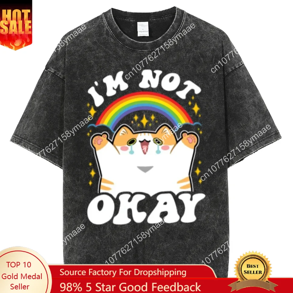 

Y2K T Shirt Men Wome Hip Hop Cartoon I Am Not Okay Graphic Printed Tshirt Unisex Harajuku Washed Short Sleeved Streetwear