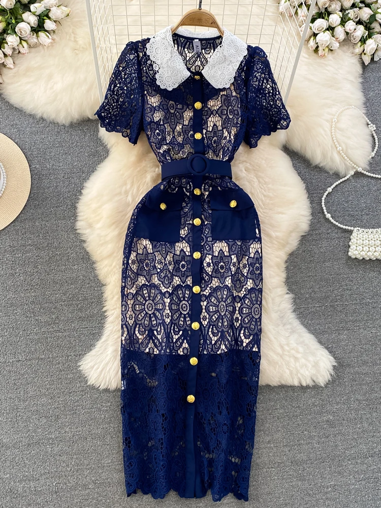 Ele Lace ort Sve Doll Collar Slimming Hollow out Hebe Sle Dr High Waist A-Line Skirt Korean Sle Commute Dr