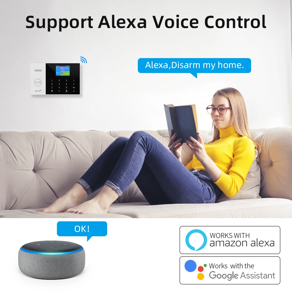 Sistema de alarma de seguridad para el hogar, kit de alarma 2G WiFi + GSM con alerta de aplicación telefónica, sensor de puerta/ventana, control