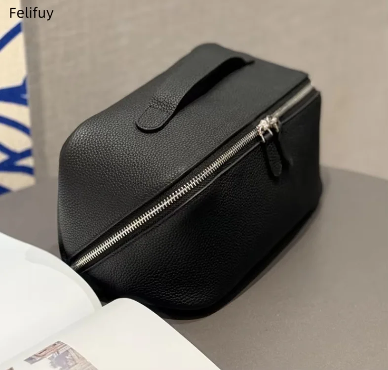 New Grain Leather Cosmetic Bag, Genuine Leather Travel Portable Toiletry Bag Women's Minimalist Makeup Case with Portable Design