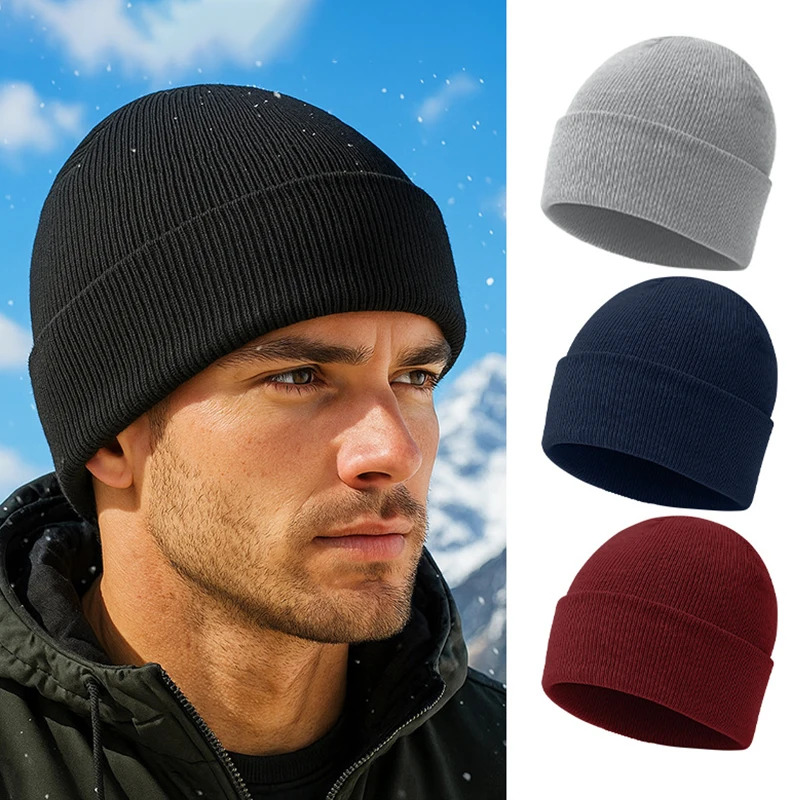 Herbst- und Winter-Warme Wollmütze Einfarbige Kälteschutz-Strickmütze Verdickte Ohrenschutz-Winddichte Slouch-Mütze für Männer