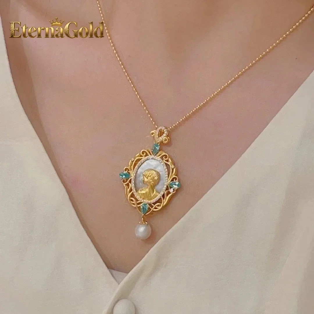 

EternaGold 9999 24K real gold retro rococo style queen jewelry medieval palace style mother-shell queen pearl necklace earring