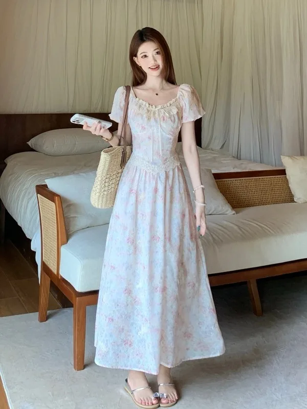 

plus Size Women's Gentle Fairy Floral Bubble Sleeve Dress Summer New Waist Cinched Lace A-Line Long Dress Commute Style High ...