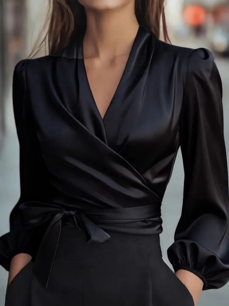 Elegant effen shirt voor dames Mode Lange mouw V-hals Lace-up Pullover Shirts Tops Lady Casual Vakantie Kantoorkleding Lente