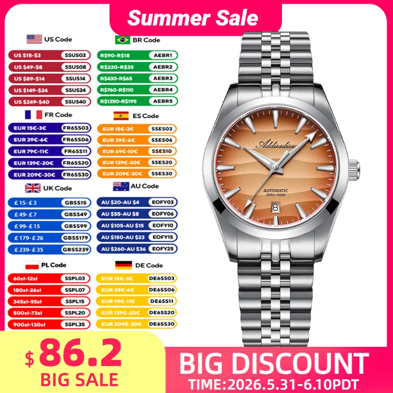 

ADDIESDIVE 2026 New Men's Automatic Watch 39mm Desert Dial Sapphire Glass Wristwatch 200m Waterproof BGW9 Luminous Diver Watches