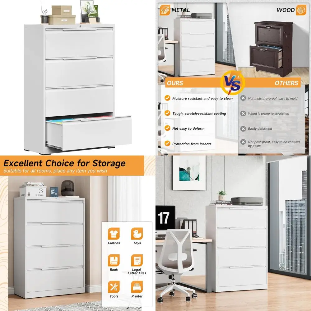 Lateral Metal File Cabinet with Lock, 4-Drawer Office Storage for Home, Secure Filing System, Fits Standard Folders, Durable Lat