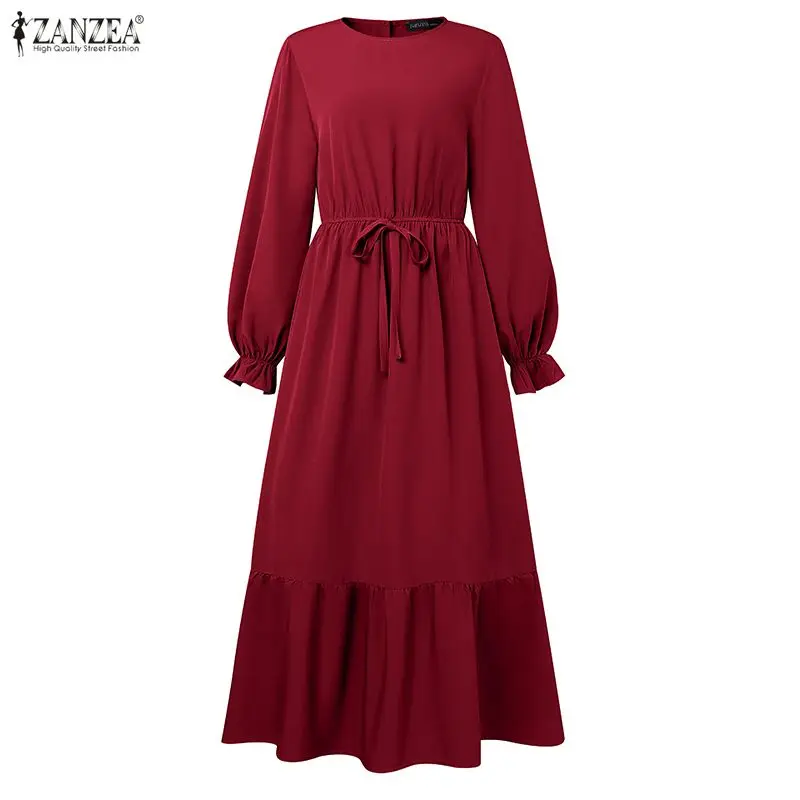 ZANZEA Eid Abito Elegante Abaya Musulmano Abito Elegante Donna Manica Lunga Orlo Increspato Vestito Estivo Del Partito Solido Abito Da Lavoro Caftano Ramadan