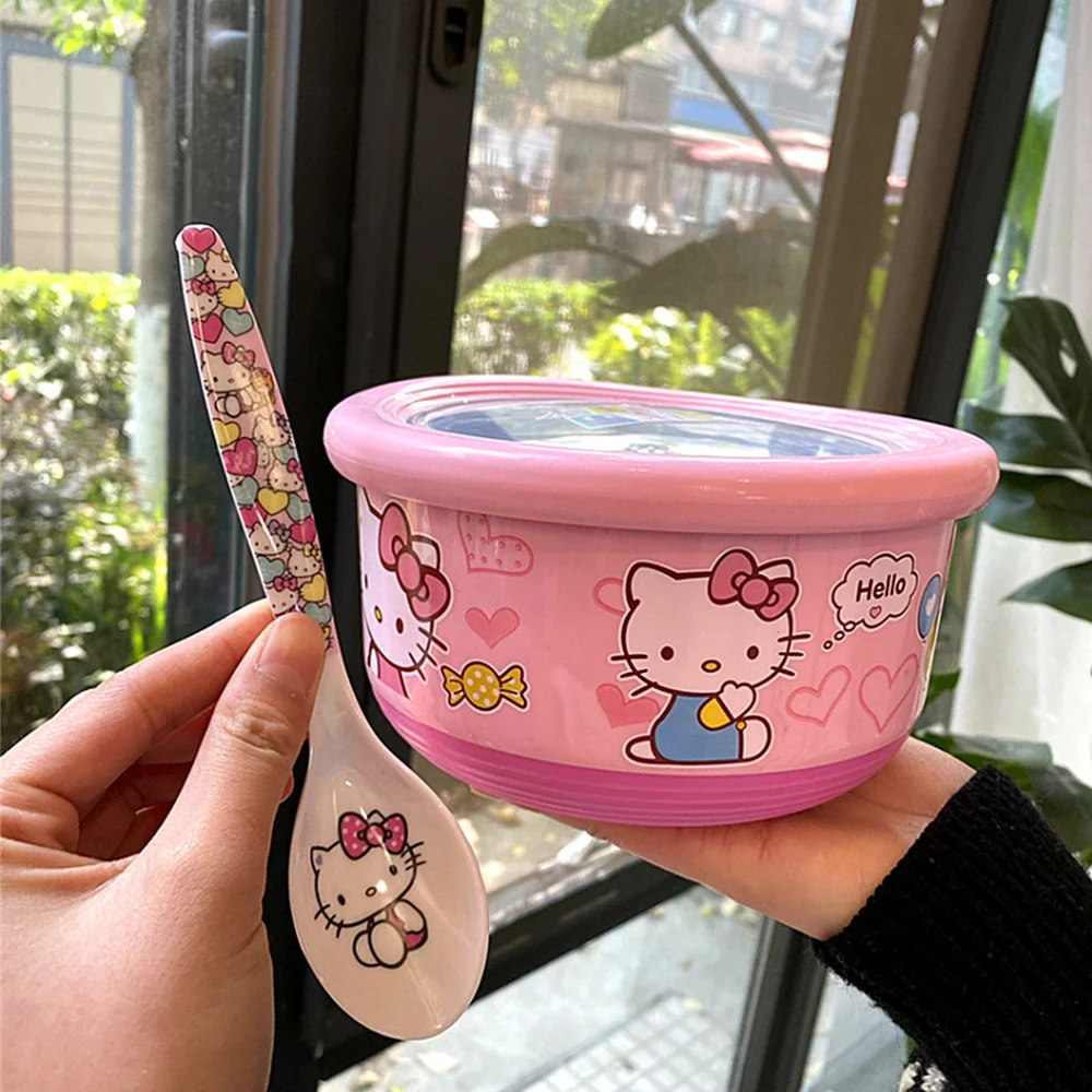 1Pcs Sanrio Stainless Steel Bowl Kawaii Kitty Noodles Mixing Bowl Cute Lunch Box Kitchen Tableware Kids Tableware