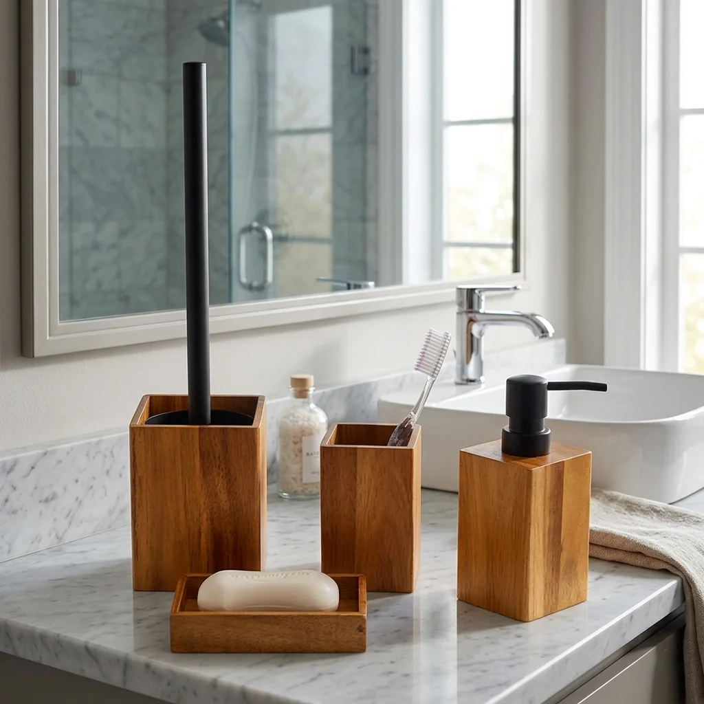 Acacia Wood Bathroom Accessories Set 3/4 PCS Soap Dispenser Soap Dish Toothbrush Holder Toilet Brush Holder for Nordic Bathroom