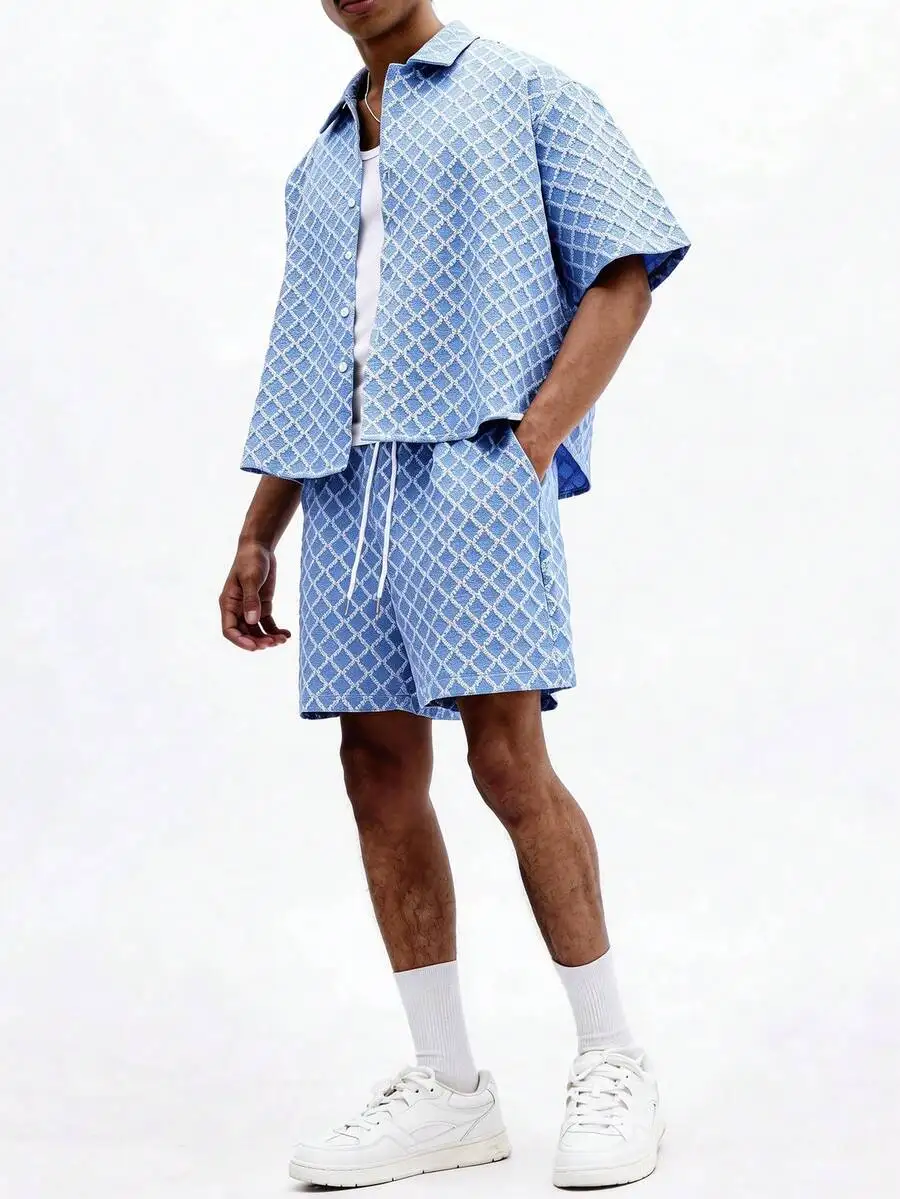 Men Light Blue Geometric Pattern Summer Outfit Set