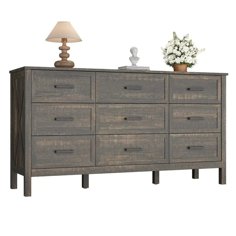 Cômoda para quarto, cômoda com 9 gavetas com textura natural, cômoda larga rústica de madeira para quarto, corredor, entrada, marrom escuro