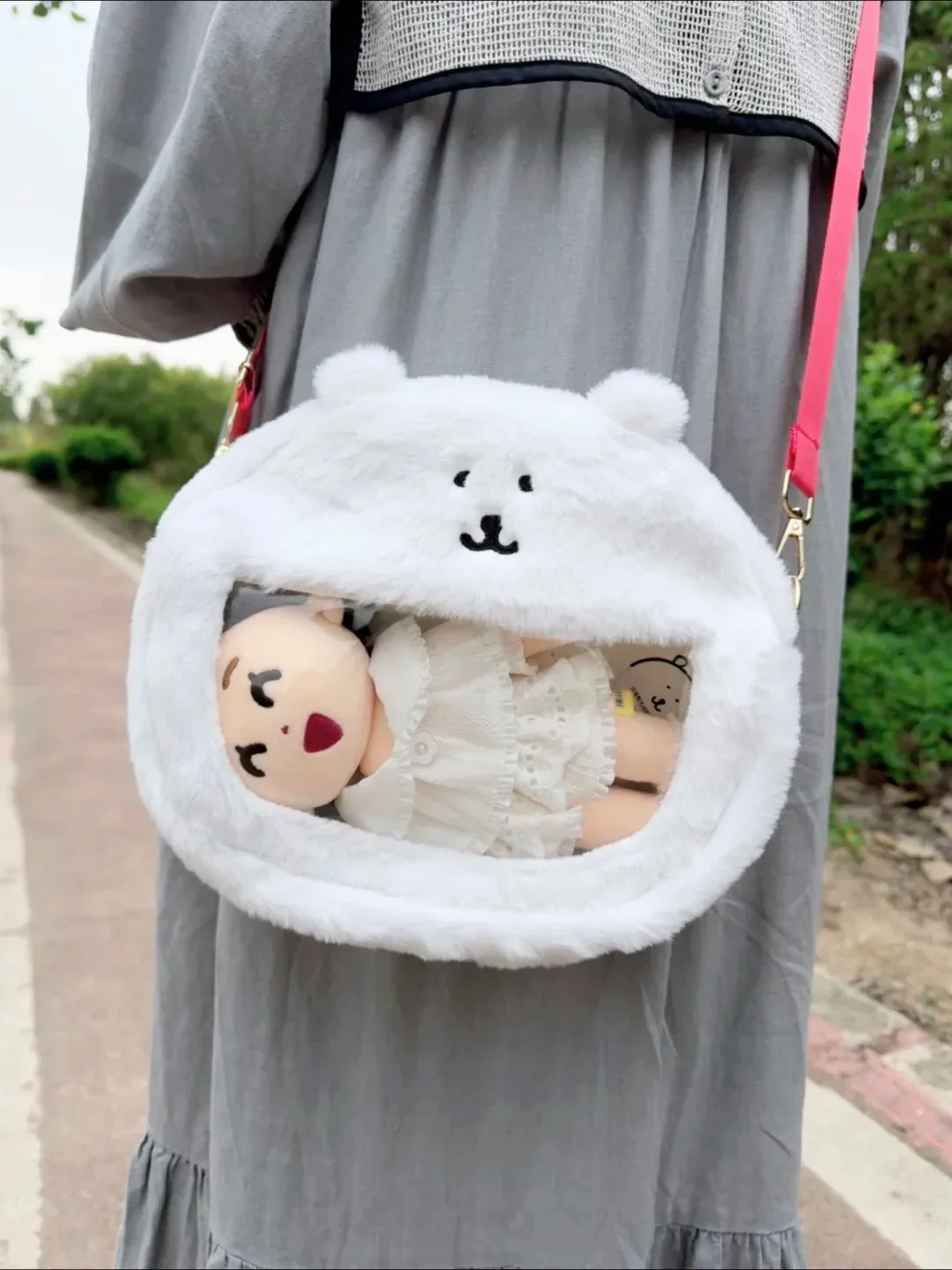 Miniso Borsa a tracolla portachiavi in peluche con orso autobloccante, borsa a tracolla in PVC trasparente carino, borsa tote trasparente alla moda