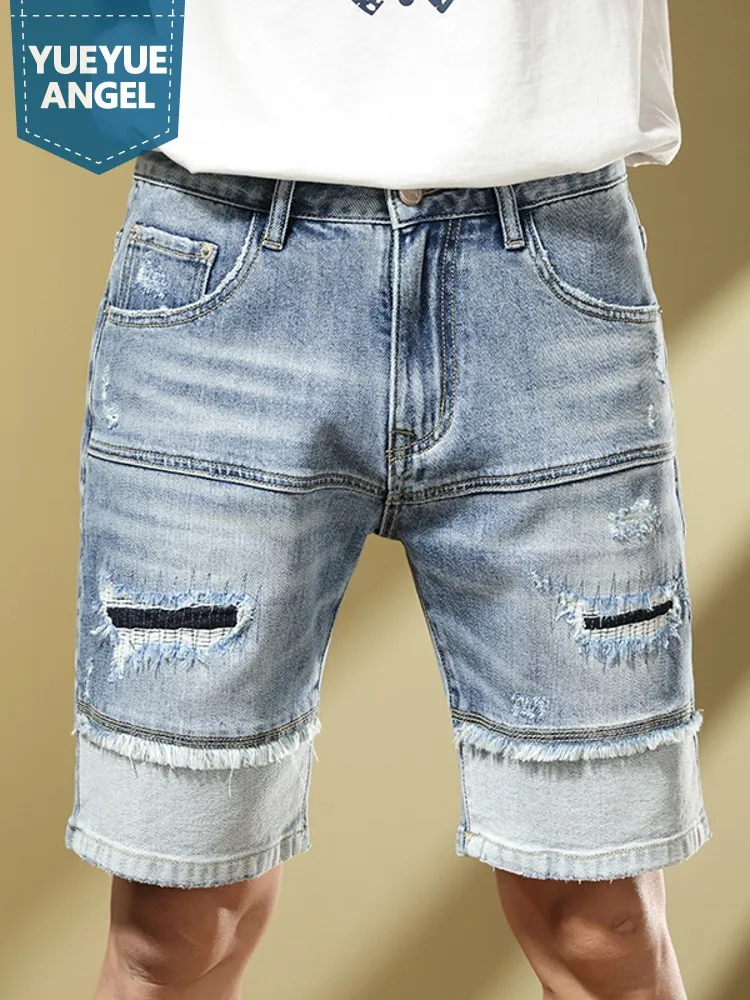 

Summer Men Fashion Patch Spliced Slim Fit Stretchy Jeans Casual Knee Length Cargo Denim Shorts Vintage New Tassels Cowboy Shorts