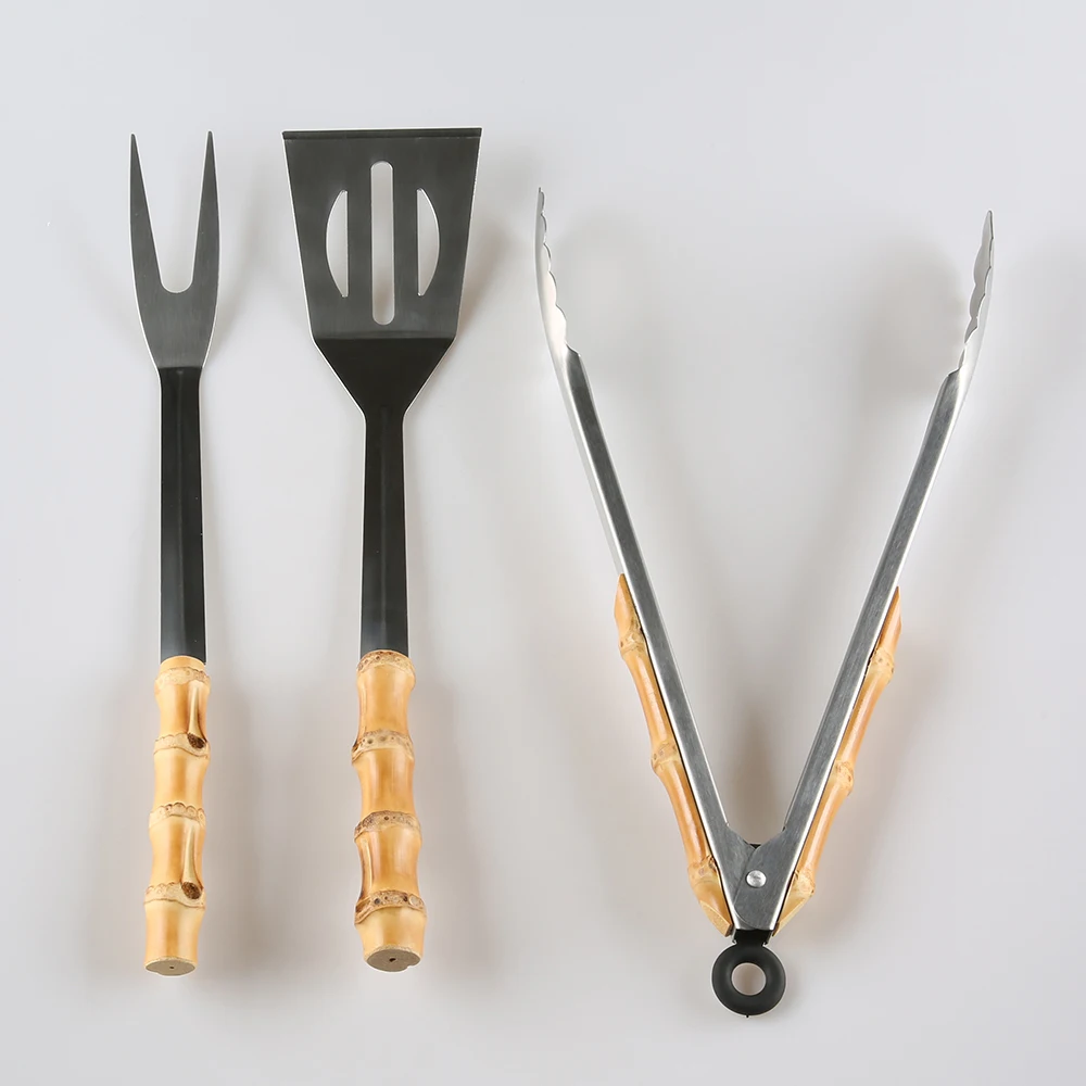 Camping Stainless Steel Bamboo Root Wooden Handle Slotted Spatula Turner Fork Tong Grill Set Barbecue Accessories BBQ Tool