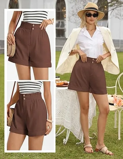 Women's Solid Color Elastic Waist Straight Leg Capri Shorts with Button Zipper Pockets for Travel Camping Streetwear Everyday
