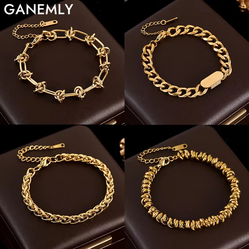 

GANEMLY 316L Stainless Steel Twisted Bracelet Bangle For Women Men Fashion Trendy 18K Gold Plated Wrist Chain Jewelry Gift Party