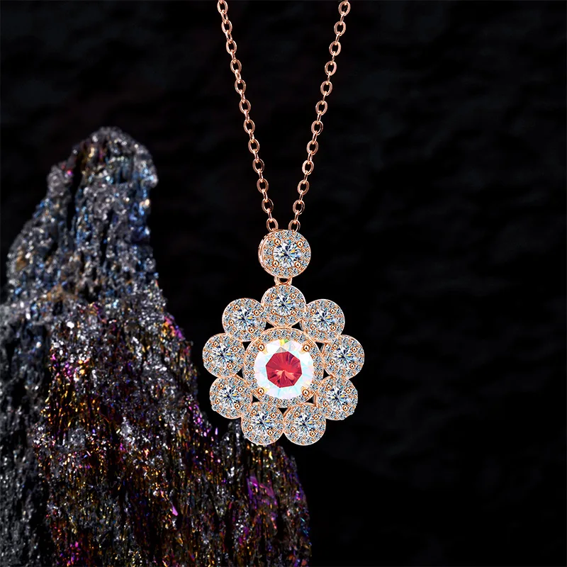 

S925 Sterling Silver Rose Gold Necklace with D-Color VVS1 Red Moissanite Flower Collarbone Chain Pendant Jewelry Gift