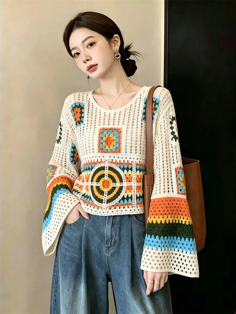 Retro Ethnic Style round Neck Hollow Knitted Top Women's Short Loose Flared Sleeve Cover up Trendy Color Block Cotton Blend