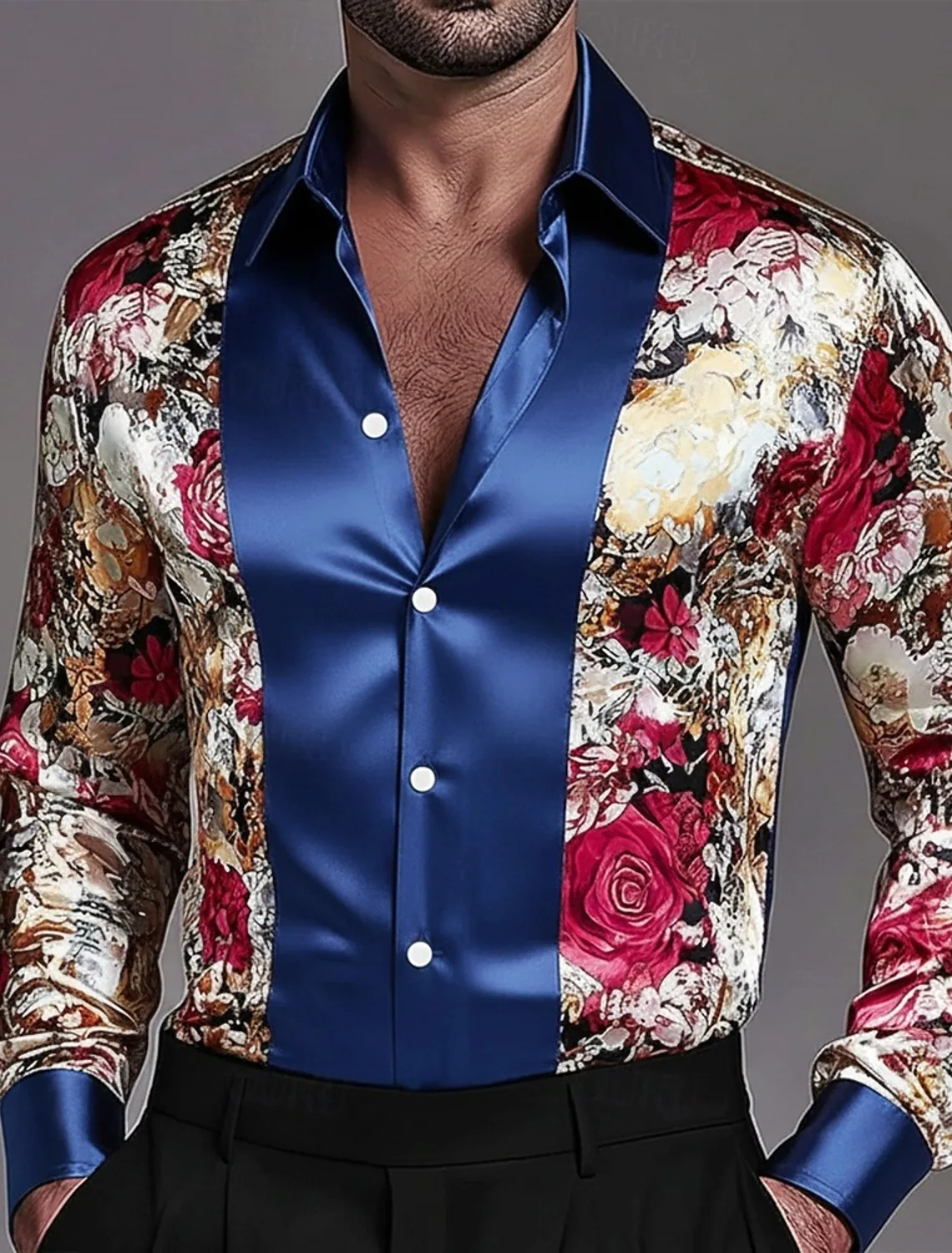 

Men's Fashion New Design Printed Rose Men's Printed Rose Satin Shirt Long Sleeve Retro Holiday Wear Collar Button Shirt