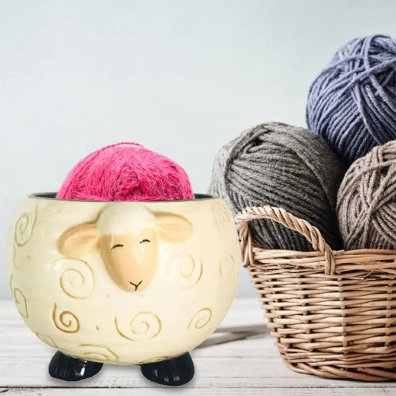 KX4B Sleepy Sheep Ceramic Yarn Bowl Yarns Ball Storage Holder Knitting Crochet Craft