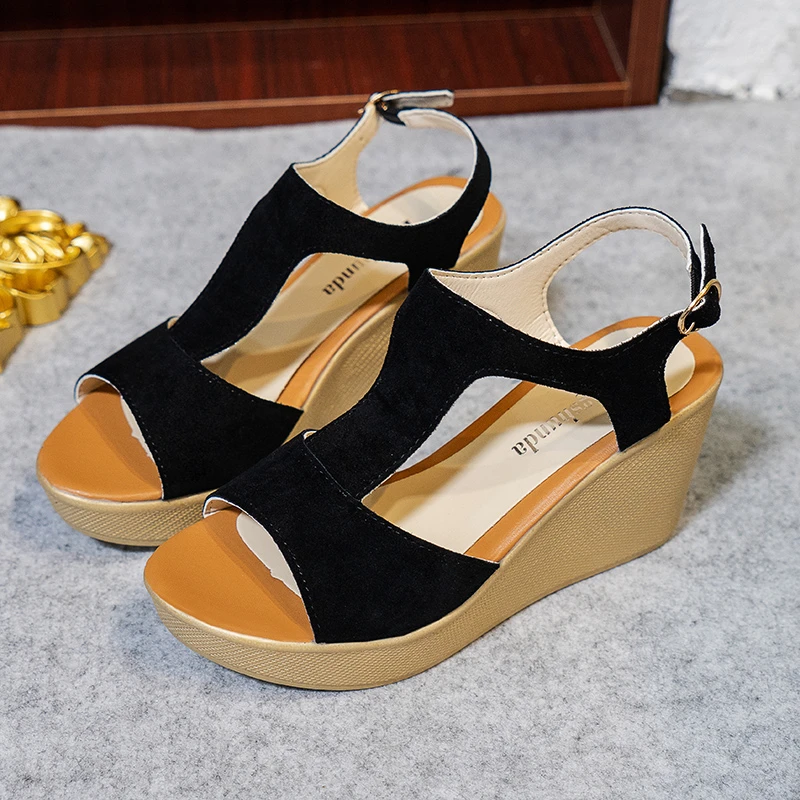 

Elegant Sandals Woman Shoes 2024 Trend Red Heel Summer Platform Wedges High Heels Round Toe Black Super-high Canvas