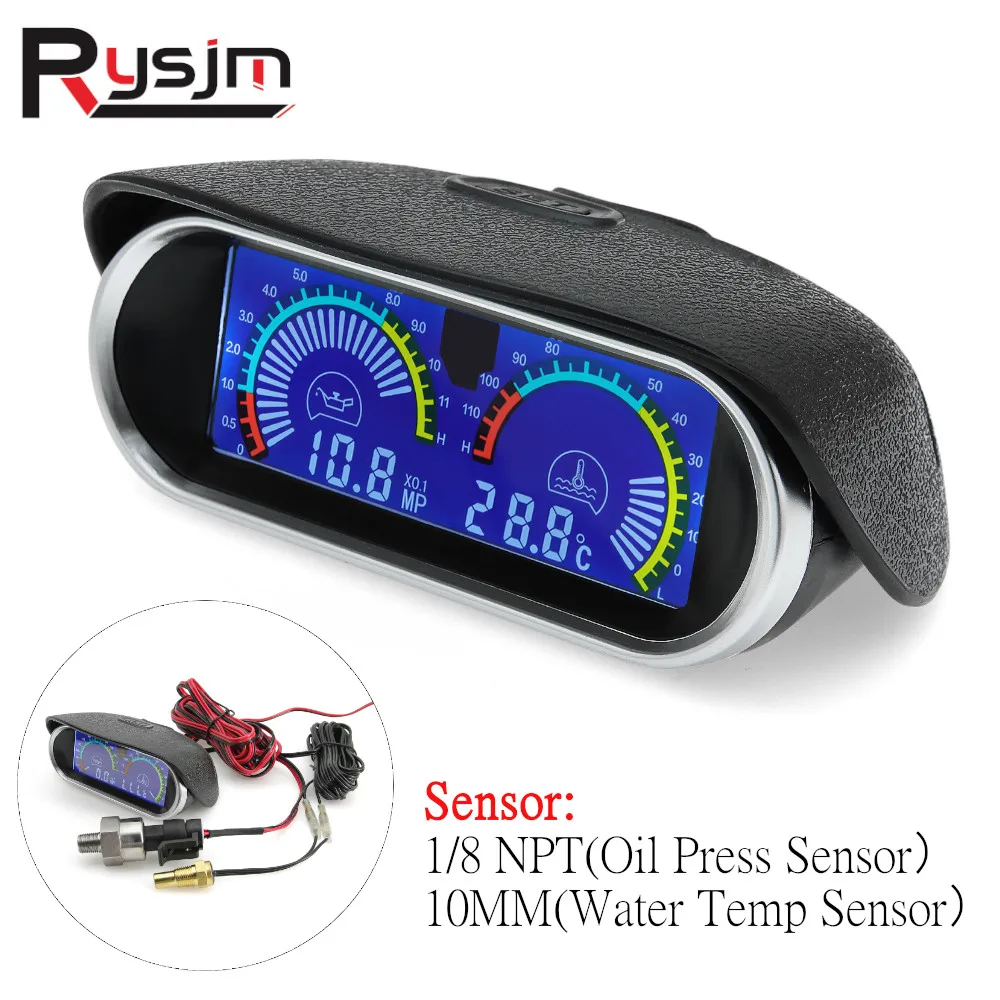 Universal 2 in 1 Car Gauges Digital Oil Pressure Gauge + Water Temperature Gauge with M10 Temp Sensor fit for 12V/24V Car Truck