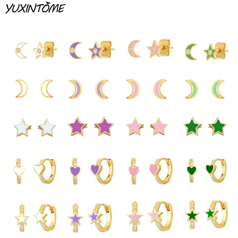 925 Sterling Silver Needle Lovely Playful moon/stars/ Heart Earrings Colorful Enamel Small stud Earrings Women Fashion Jewelry