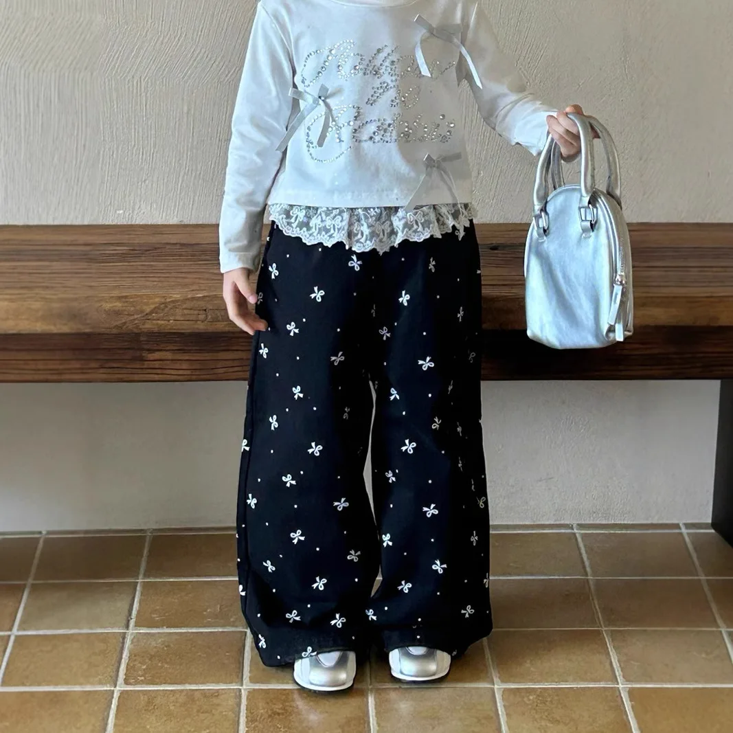 

2025 Autumn New Girls' Foreign Lace Casual Pants Korean Version Children's Bow Trousers Baby Wide-leg Trousers
