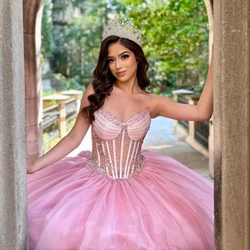 

Customized Pink Quinceanera Dresses Off the Shoulder Sequin applique crystal Tull Long tail Vestido 15 Quinceanera