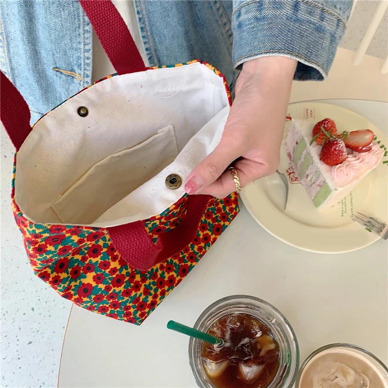 

Fashion Floral Print Tote Bag, Portable Corduroy Lunch Bag, Women's Casual Handbag & Bento Mommy Bag For Picnic Travel