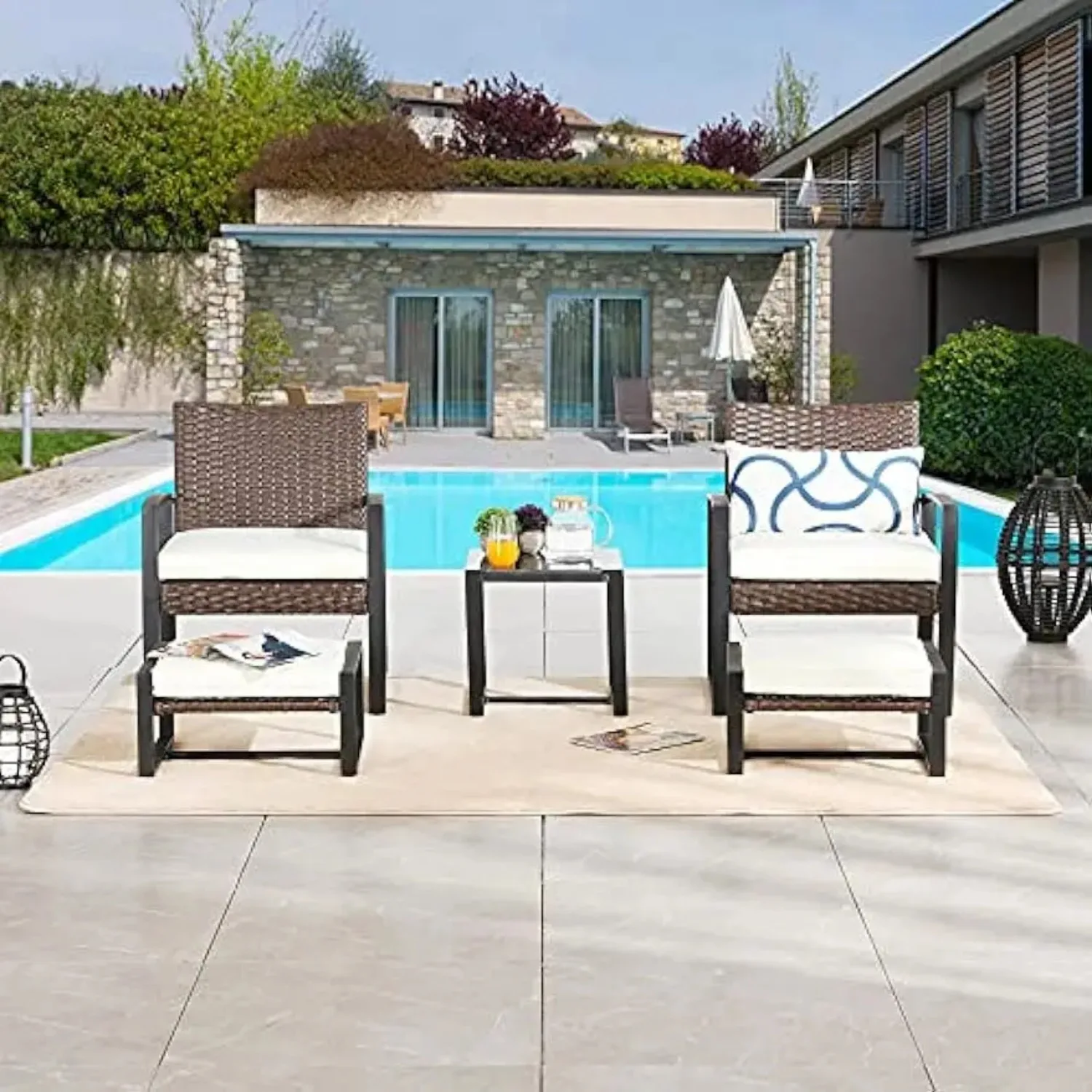 Patio Conversation Set 5 Pieces Outdoor PE Wicker Rattan Sofa Furniture Cushioned Chairs and Ottomans with Tempered Glass Table