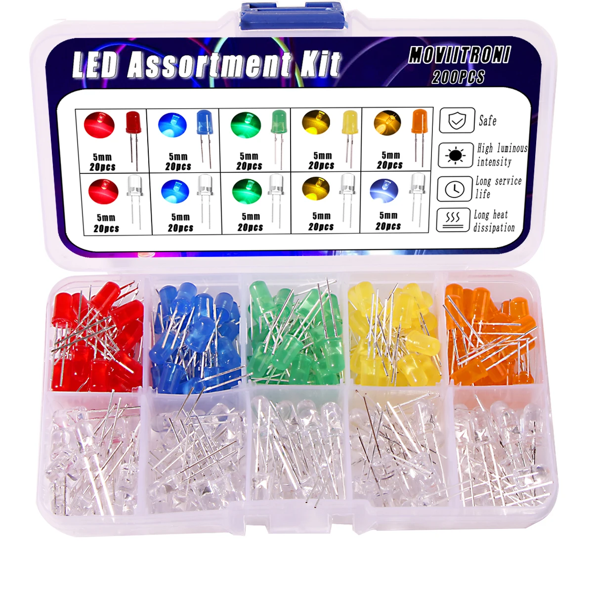 200pcs LED Diodes Lights Assortment Kit 5mm Transparent Light Emitting F5 White Green Red Blue Yellow Orange