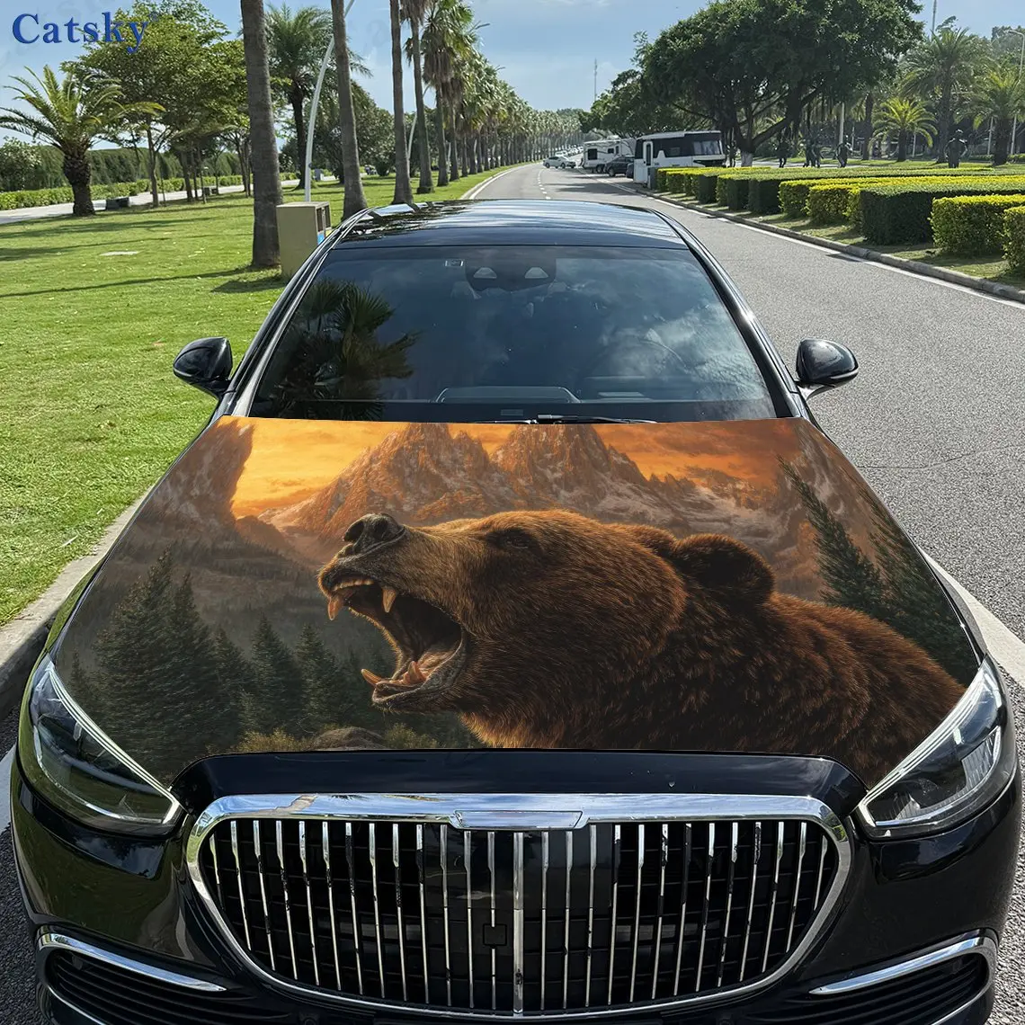 

Wild - style Roaring Brown Bear Sunset PVC Car Vinyl Wraps, Self-Adhesive Waterproof Car Hood Decal Sticker, Car Decoration Prot