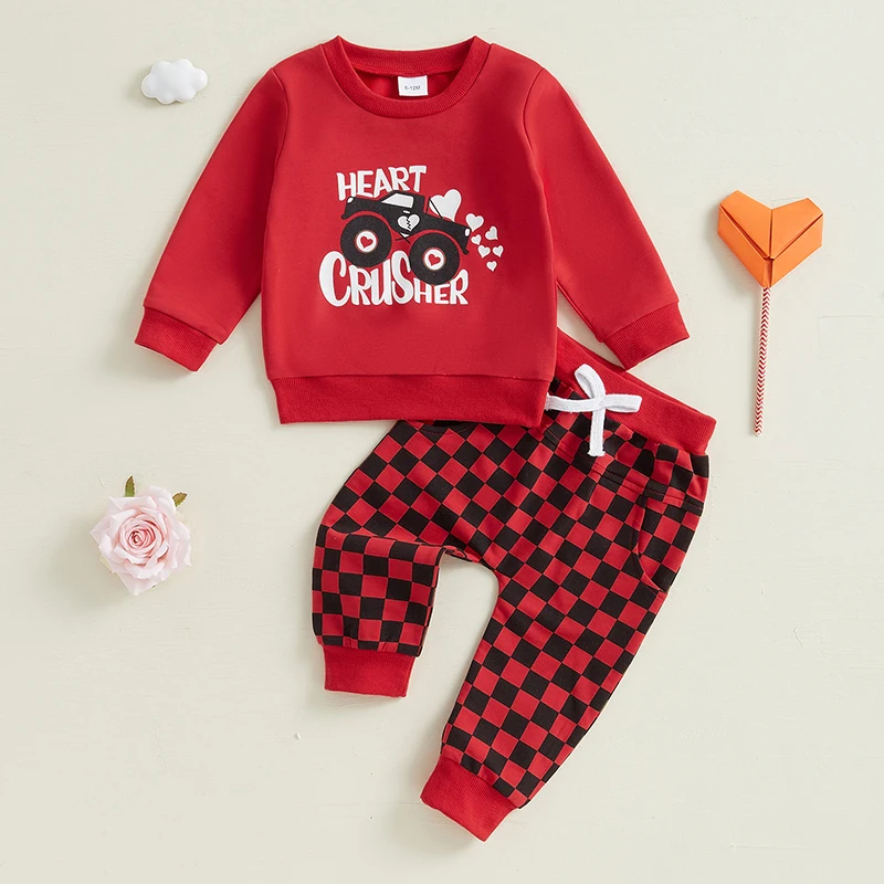 1-4Y Kids Boys 2 piece Outfit Long Sleeve Letters Car Print Sweatshirt with Plaid Sweatpants Boys Valentine’s Day Outfit Sets