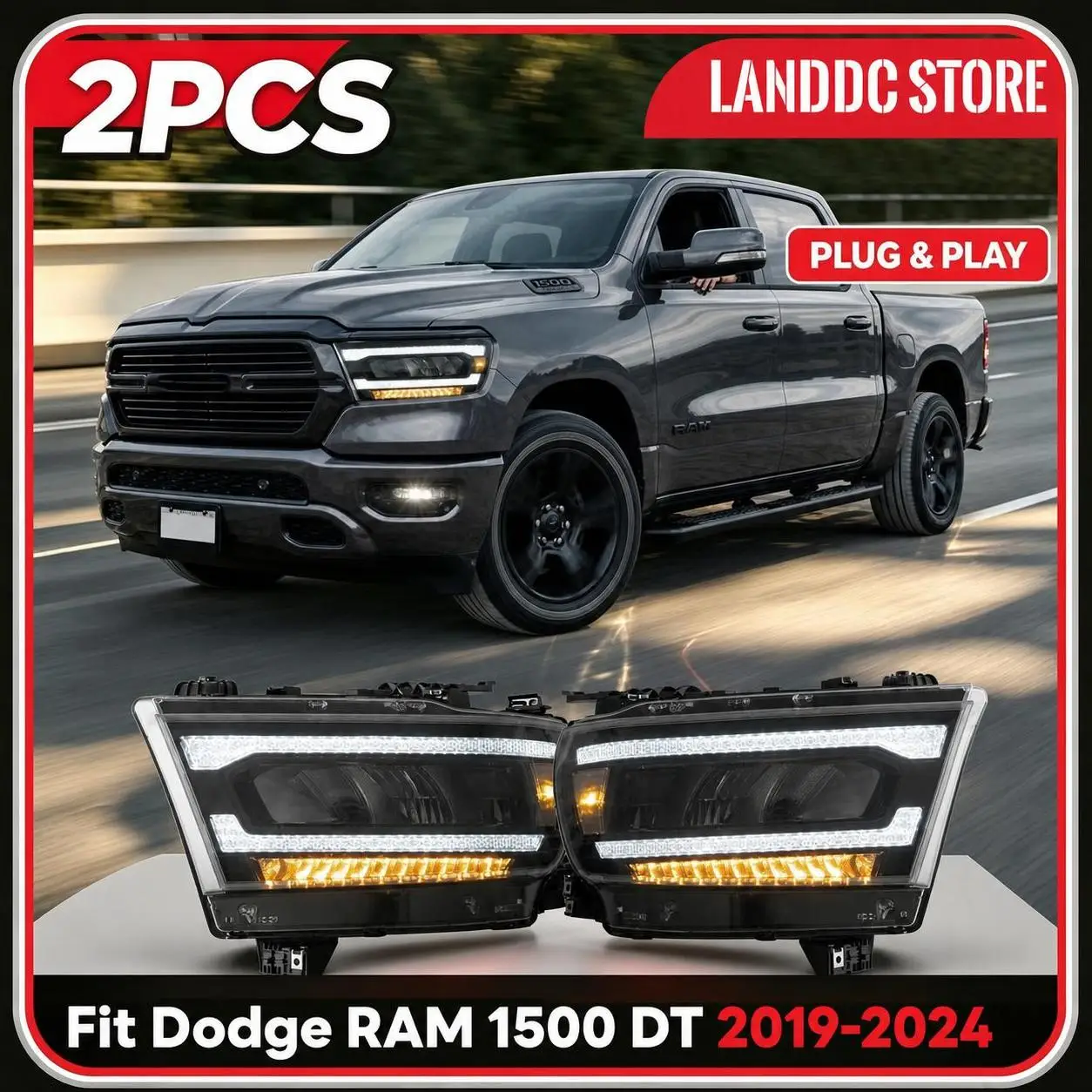Faro anteriore Full LED per Dodge RAM 1500 DT 2019-2024, gruppo proiettore con DRL animato e indicatore di direzione sequenziale, 1 paio