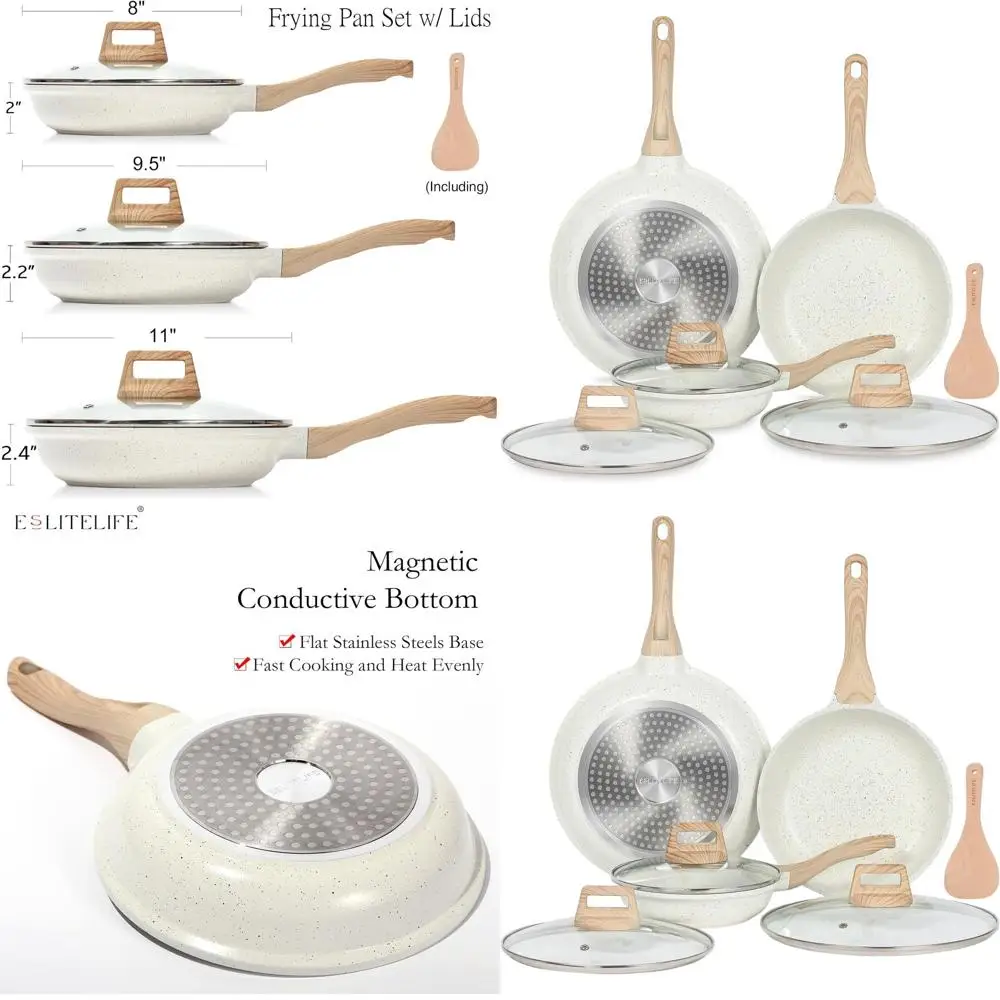 

Ceramic Nonstick Frying Pan Set with Lids, Safe for All Cooktops, PTFE and PFOA Free (White)