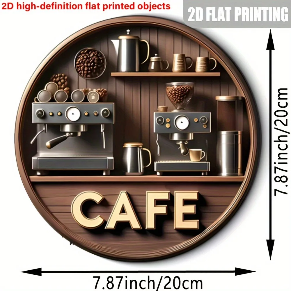 Arte de pared de cafetería de madera redondo retro plano 2D, cafetera rústica/agros-decoración del hogar/cafetería