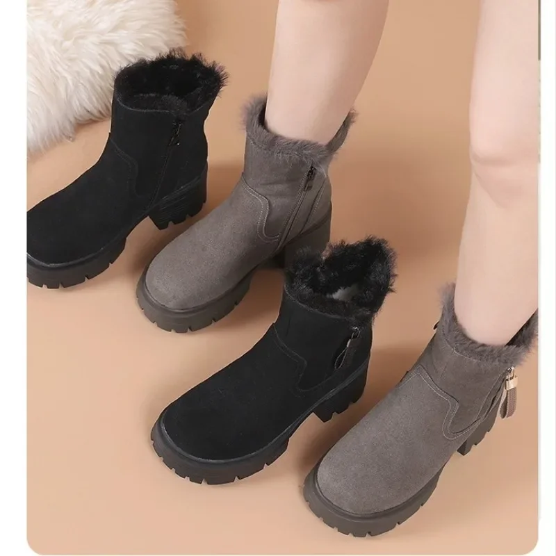 Botas cálidas informales de felpa para mujer, zapatos de algodón grueso, versátiles, a la moda, invierno, 2024