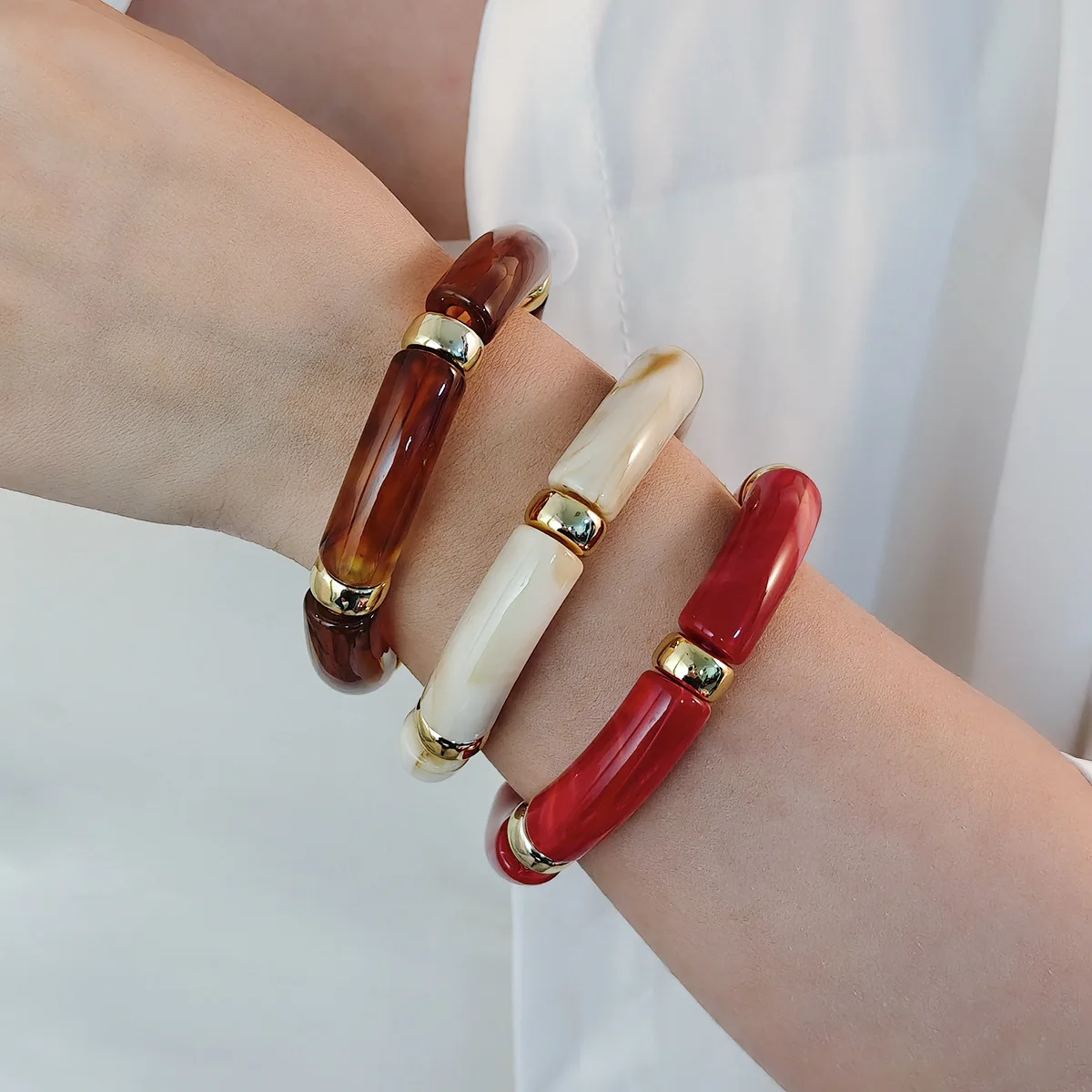 LATS Trend Retro Multicolour Acrylic Bend Bangle for Women Charm Curved Bamboo Pipe Stone Grain Bracelet Jewelry Accessory Gift