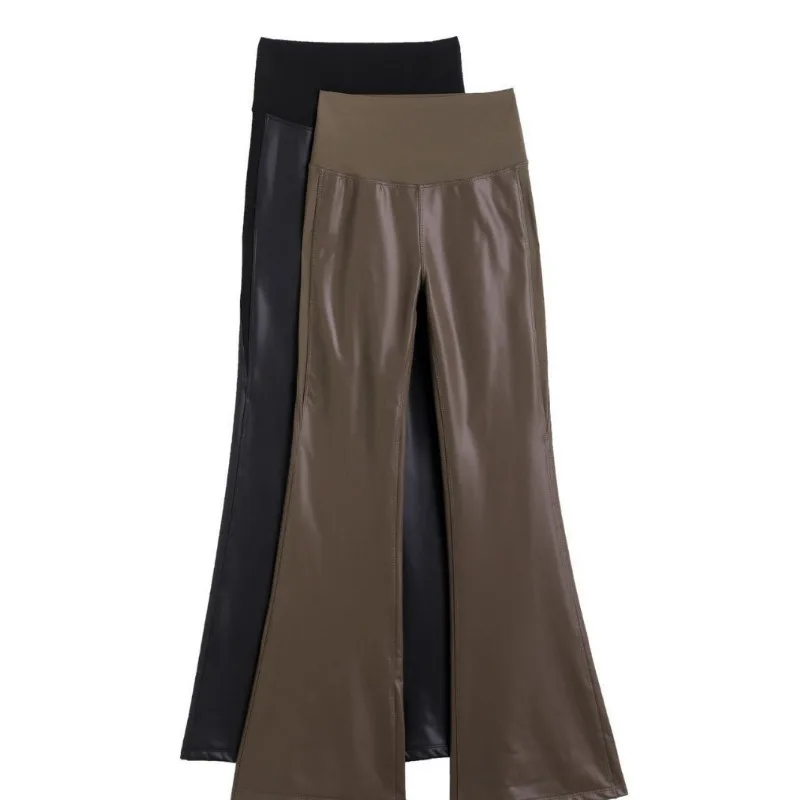 가을 겨울 여성용 얇은 벨벳 약간 플레어드 가죽 바지, 배를 잡아주는 패션 여성용 하이웨이스트 슬리밍 바지