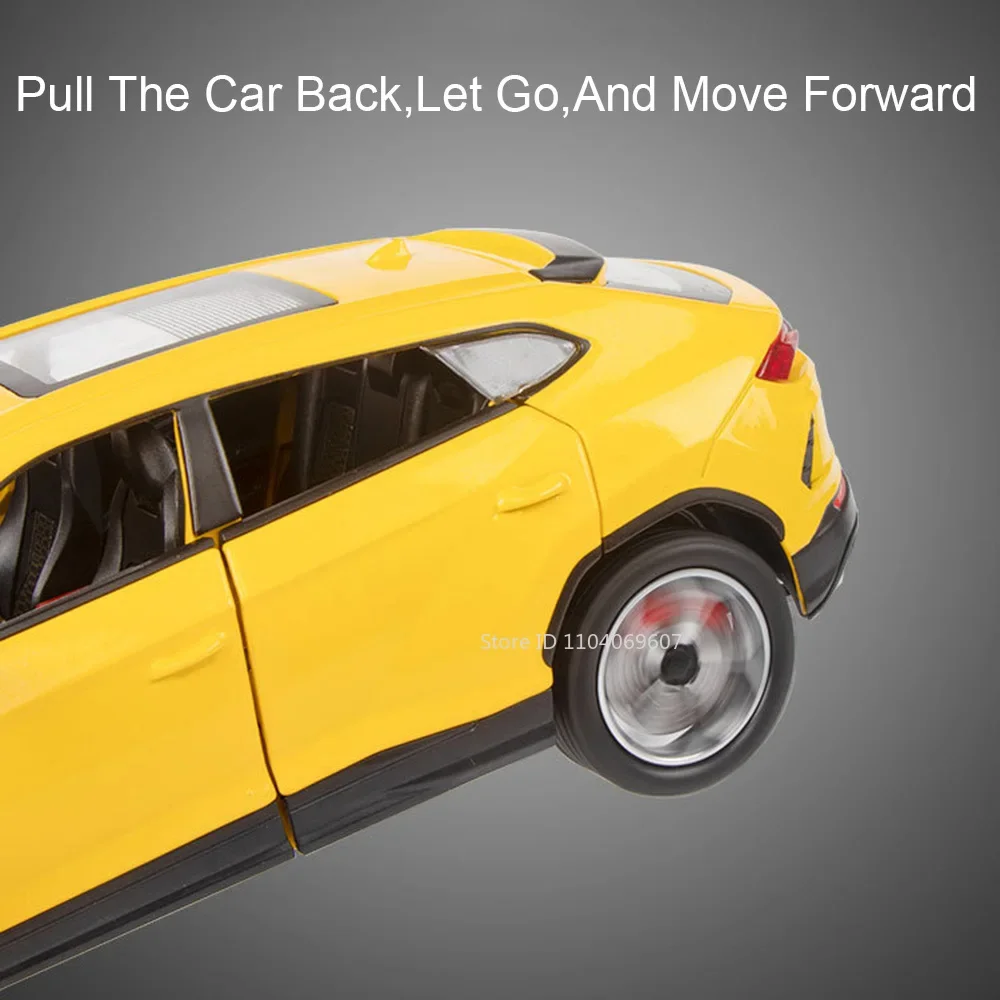 1:24 URUS Metal Diecast Model Car Toys Pull Back Sound Light Doors Opened Shock Absorption Ornament Vehicle Toy Models Kids Gift