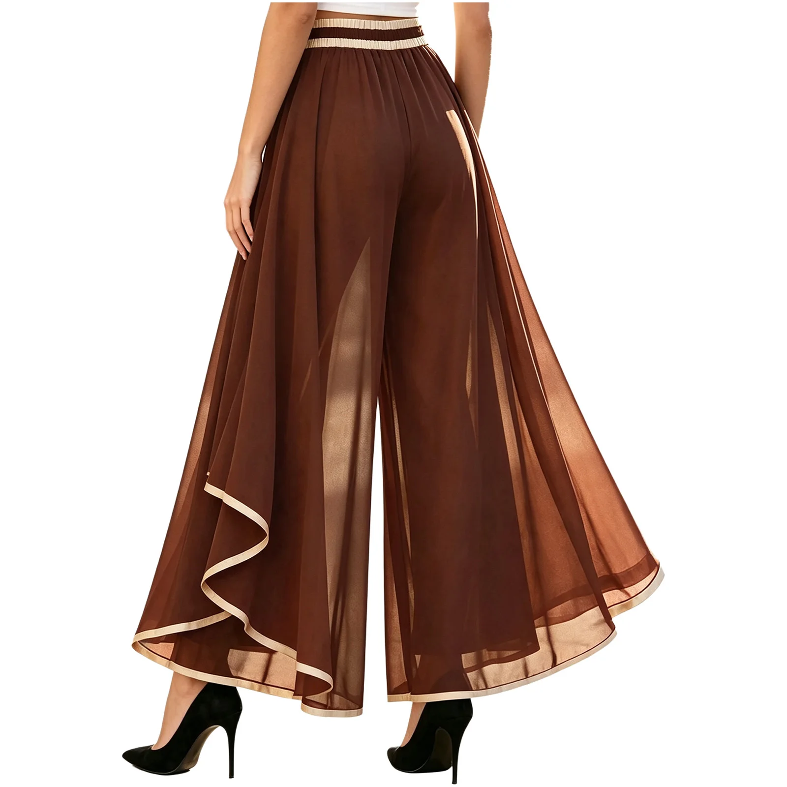 Elegant Womens Flowy Chiffon Trousers New Culottes Color Blocking Edges Irregular Wide-leg Elastic Waistband Loose Palazzo Pants