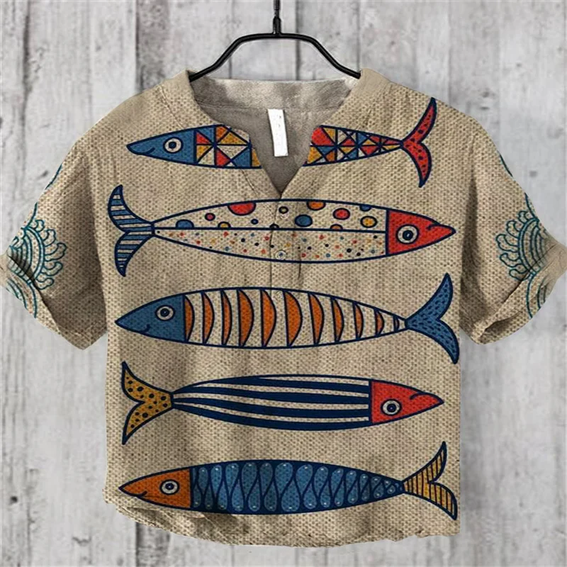 Zomer Nieuwe 3d Retro Literaire Illustratie V-Hals Shirt Met Korte Mouwen Heren Casual Losse Trui S-5XL