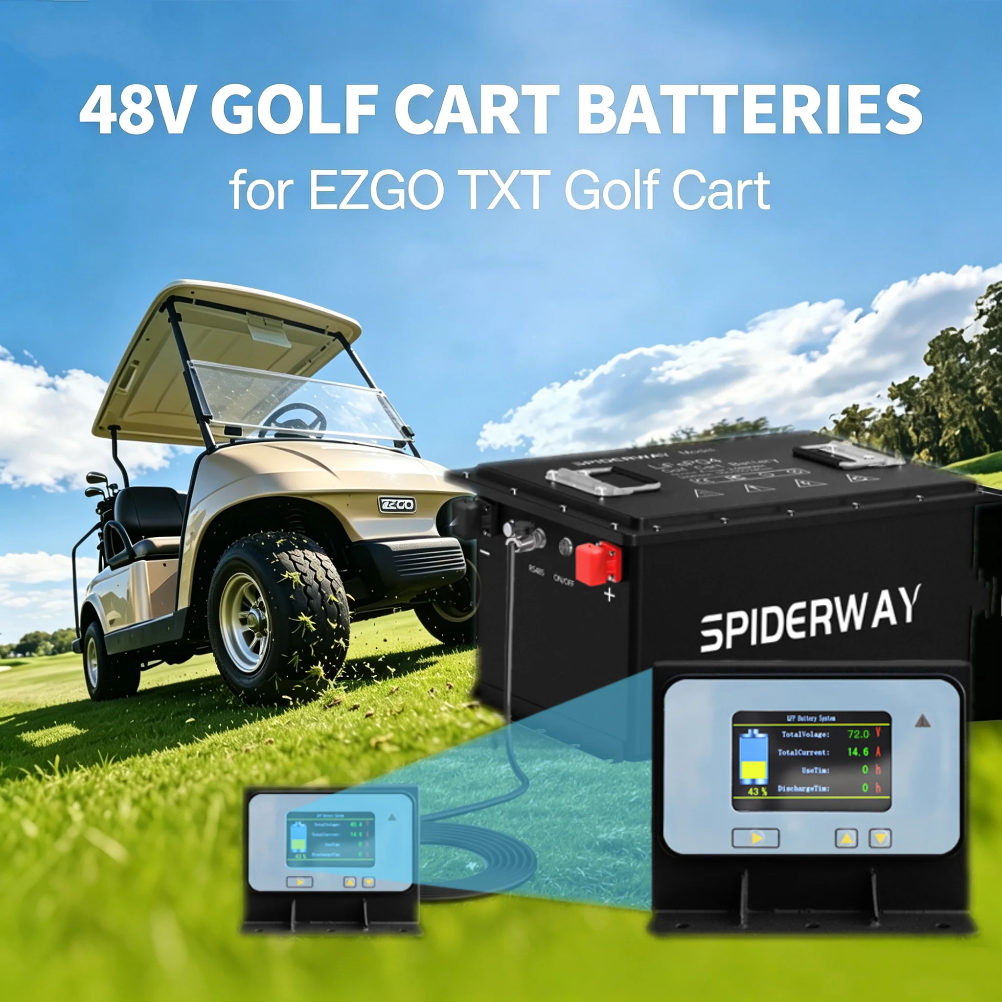 48V 105Ah Lithium Battery for EZGO TXT Golf Cart, with Charger & LCD Screen, 200A BMS 6000+ Cycle, Support Mobile APP & Bluetooth