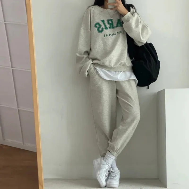 Autumn Warm Paris Letter Printed Sweatshirts Fleece Two Piece Pants Sets 2024 Women Tracksuit Casual Long Sleeve Sport Suits