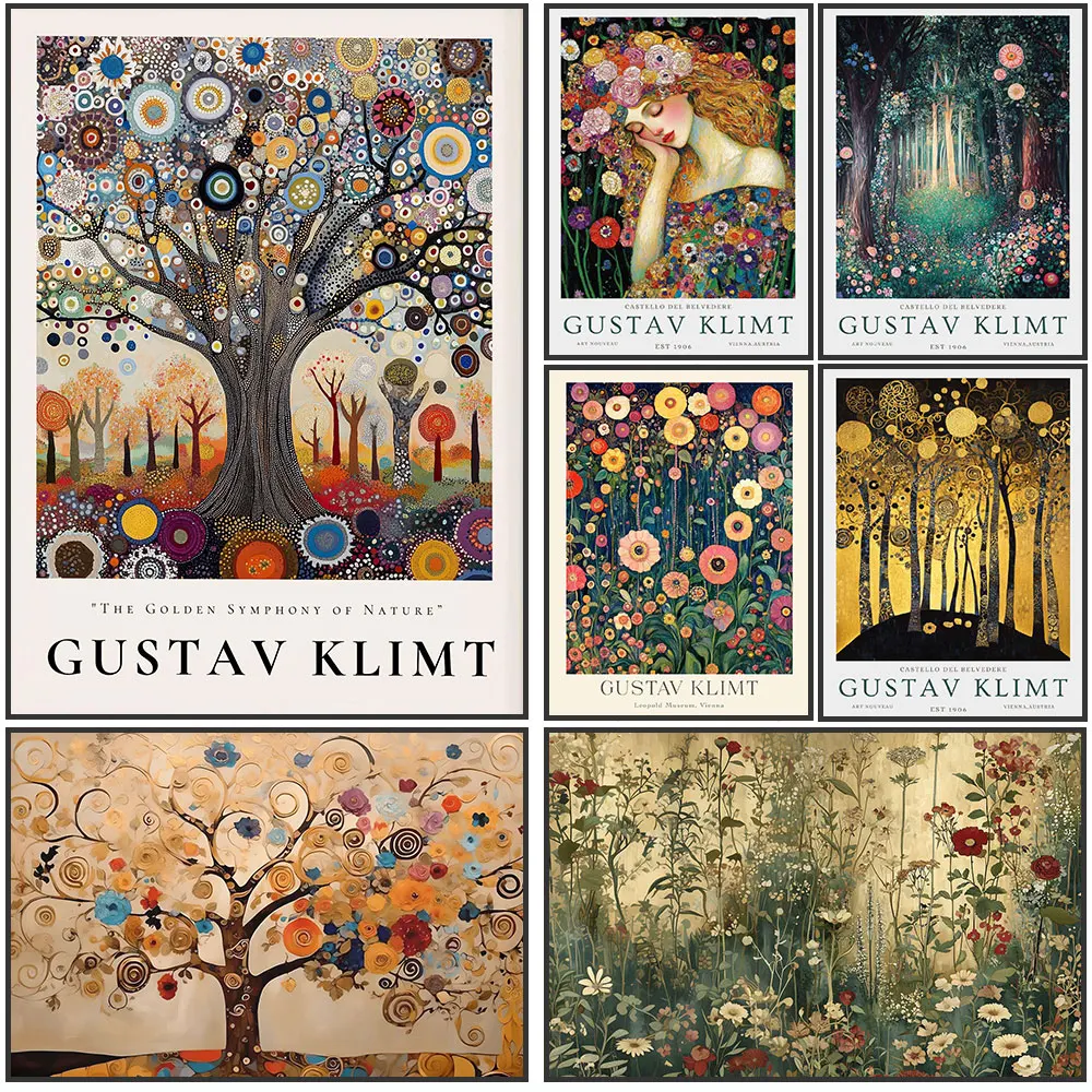 1pc frameless Vintage Gustav Klimt Wildflower Poster Floral Garden Canvas Print Painting Classic Wall Art For Living Room Home D